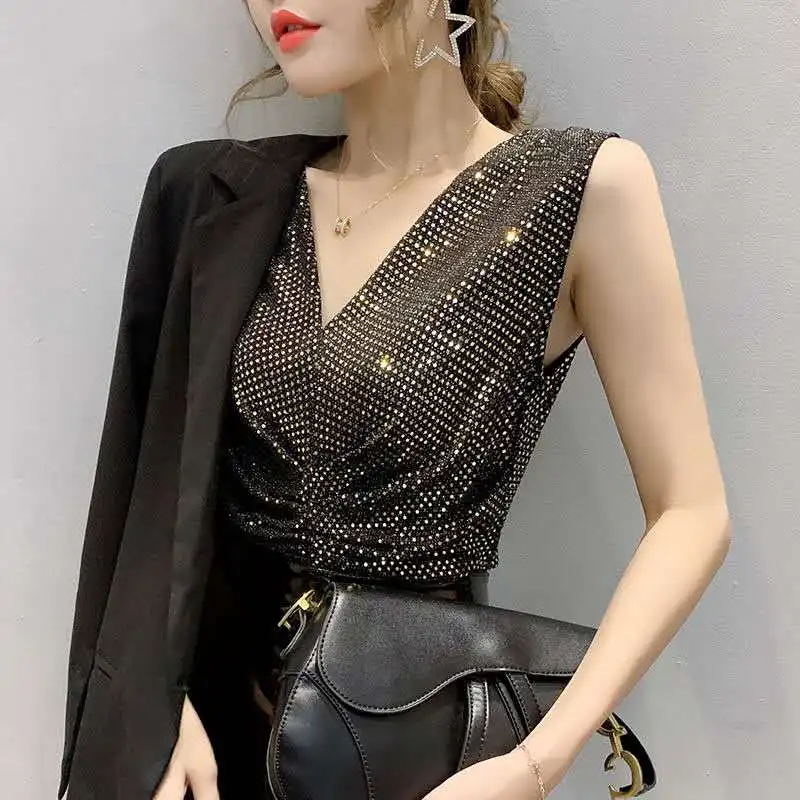 

2020 New Arrival Womans Clothes Rhinestone Beaded Tank Top Sexy Women's Summer Shirts Beach Women Camis Ladies Ruched Top
