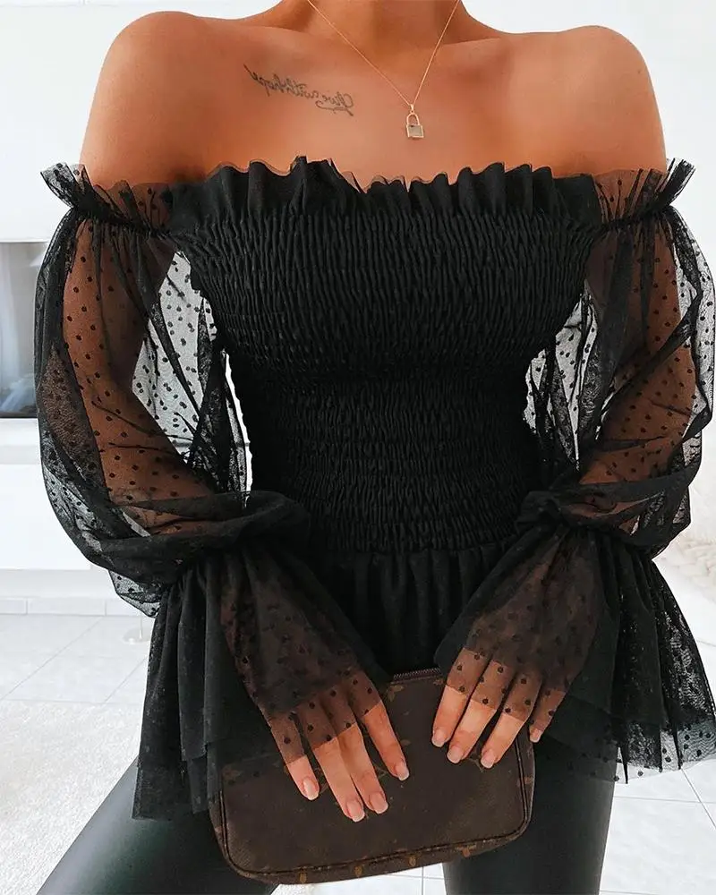 

New Sexy Off Shoulder Blouse Women Mesh Flare Sleeve Shirts Summer Fashion Sheer Long Sleeve Lace Frill Blouser Tops
