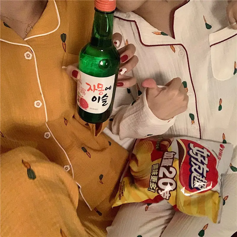 QWEEK Cotton Pajamas for Women Korean Sleepwear Fruit Cartoon Pijama Autumn Comfortable Clothes for Home Pyjamas 2 Piece Set