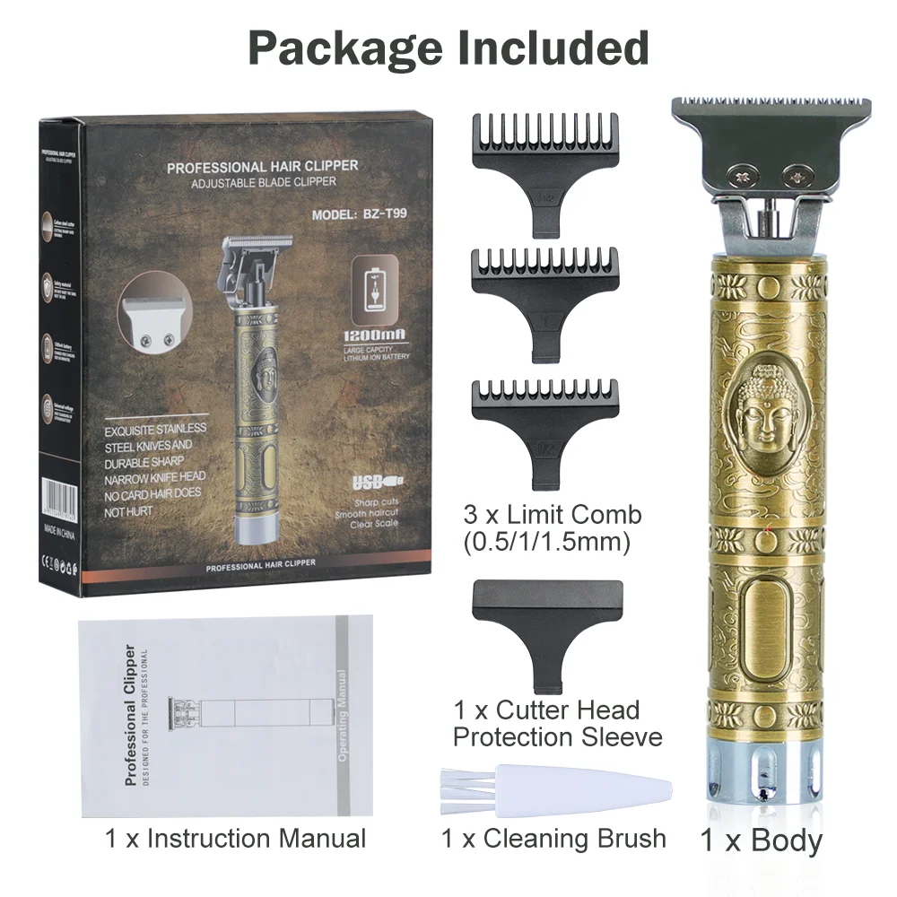

Men Professional Cordless Electric Hair Trimmer USB Rechargeable Hair Clipper Hair Cutter Machine Bronze T-Outliner Razor Shaver
