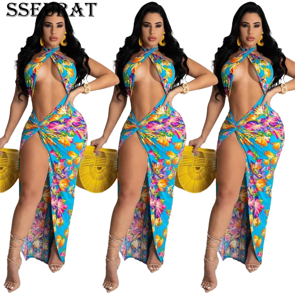 

SSEURAT Women Print Lace Up Twist Crop Tops and Midi Skirts Matching Two 2 Piece Set Sexy Club Party Beach Outfits