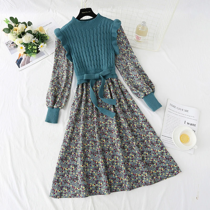 

Winter Women Knit Floral Print Dress Femme Ruffled Lantern Sleeve Bow Waist Patchwork Vintage Dresses Casual Midi Dress S11111