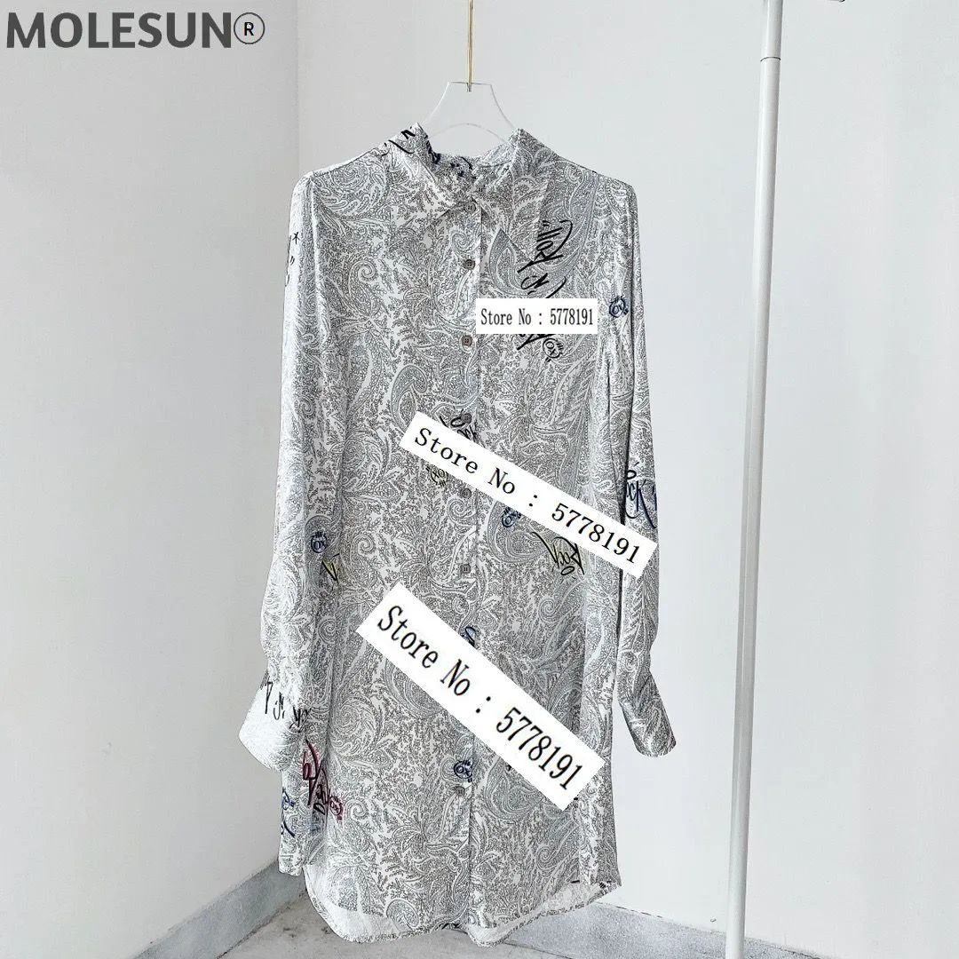

Printed Silk Shirt Collar Dress Front One Pocket Long Sleeves Front Buttoned 2022AW Short Dress