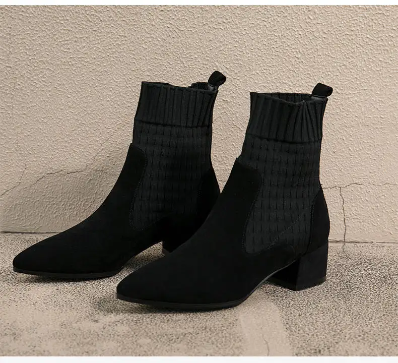 pointed toe black Женские ботинки; ботильоны из флока с острым носком; зимние ботинки на квадратном каблуке; женские Ботинки martin без застежки; модель года; Цвет черный, розовый - Цвет: pointed toe black