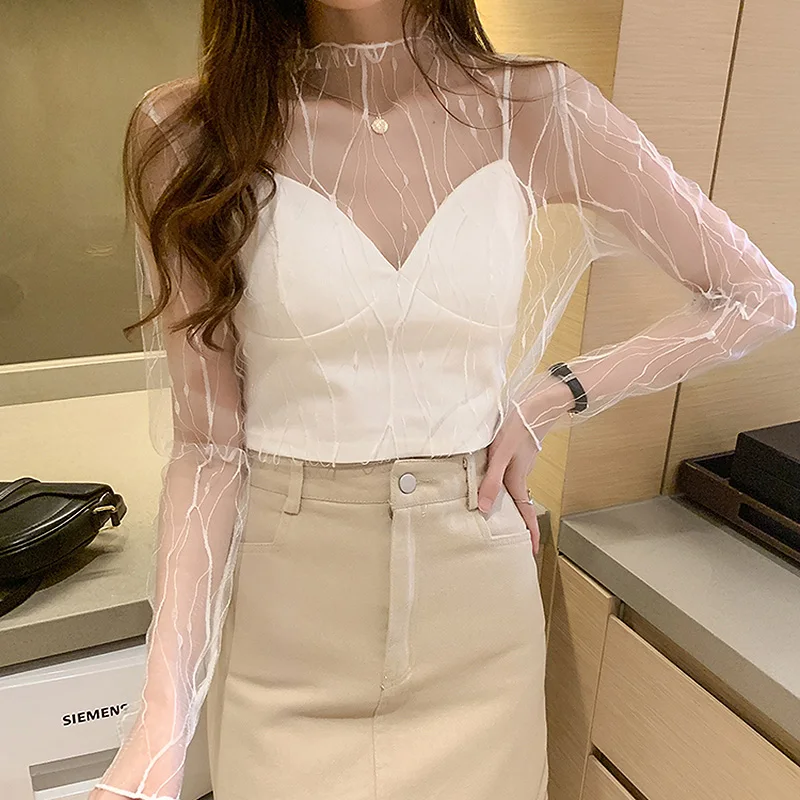 

BETHQUENOY Black Sexy Mesh Top White Blouse Women 2021 Chemisier Femme Plus Size Clothing Blusas Camisas Mujer Bluzka Damska