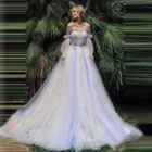 Длинные вечерние платья с открытыми плечами и оборками, Цветочное платье, светло-Фиолетовое Тюлевое платье с длинным рукавом, женское вечернее платье, свадебное платье