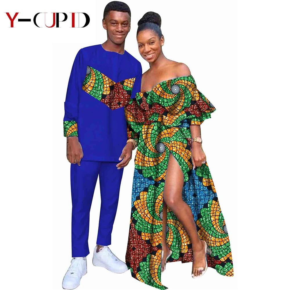 African Clothes for Couples Bazin Riche Sexy Women Vestidos Ankara Print Ruffle Dresses Men Patchwork Tee and Pants Sets S20C004