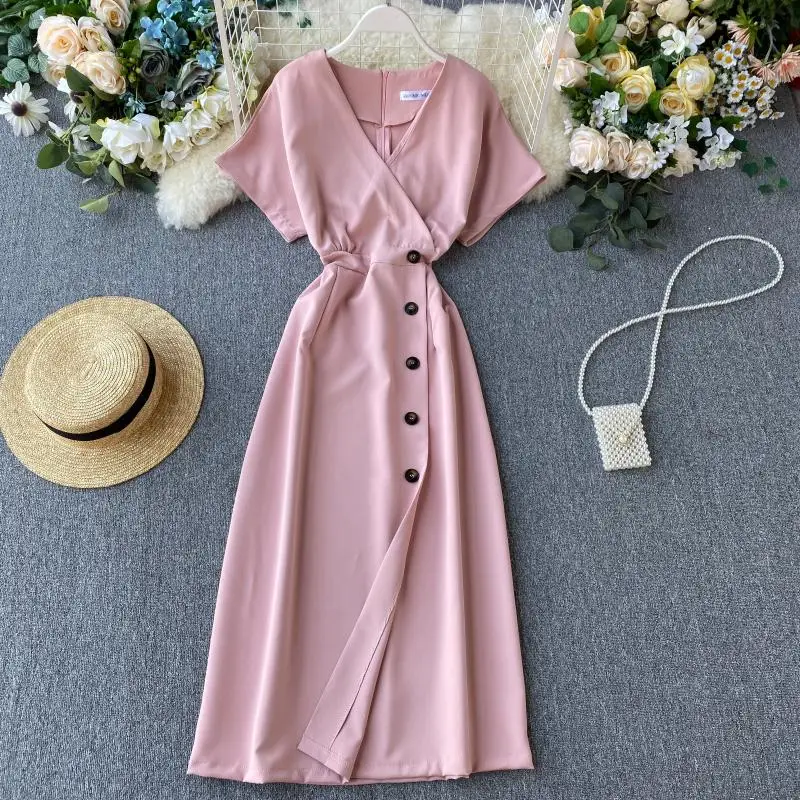 

Teeuiear fashion Slim V Neck Button Summer office Dress Midi Long Party dress high street Women dress Casual OL Elegant dresses