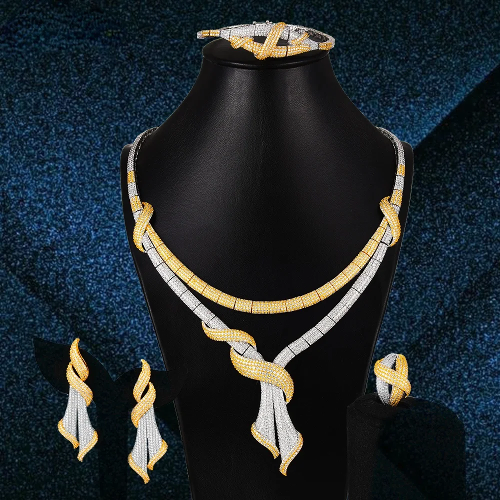 

Blachette Jewel Luxury Elegant Necklace Bangle Earrings Ring 4PCS Women Bridal Wedding Set Luxury Cubic Zircon Party Performance