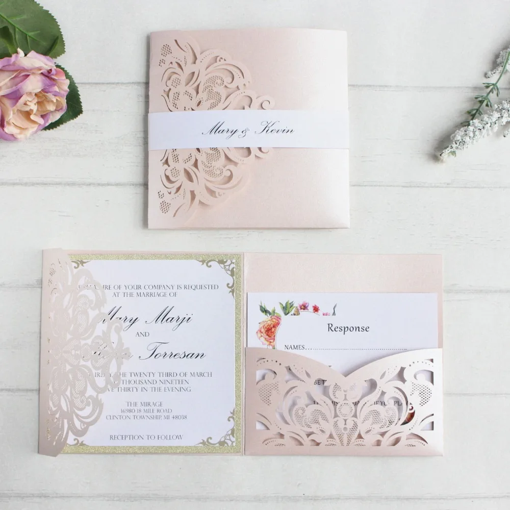 

50pcs/Set Laser Cut Wedding Invitations Card Pocket Bridal Marriage Invite Customized Printing Insert Belly Band RSVP Gift Card