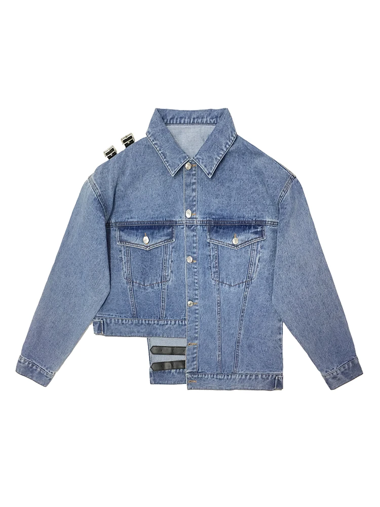 

2020 Autumn asymmetrical collar full sleeves single breasted blue denim short jacket female high stret coat V771