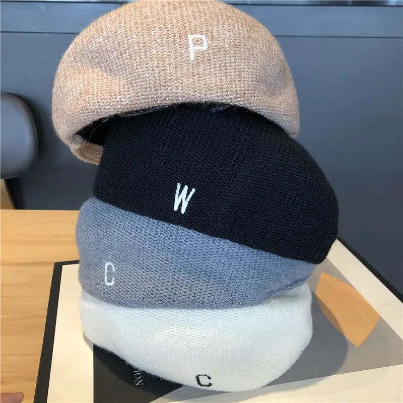 

New Pure color wool knitted beret female autumn and winter fashion western embroidered letter beret