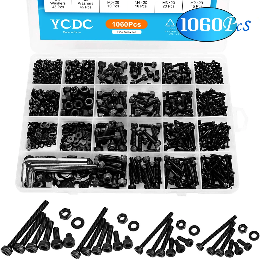 

M2 M3 M4 M5 Hex Socket Screw Set Carbon Steel Flat Round Cap Head Screws Bolts and Nuts Assortment Kit with Storage Box 1060pcs