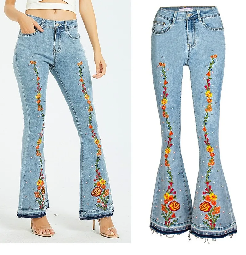 

2021 European and American fashion women's denim embroidery broad-legged jeans women's embroidery