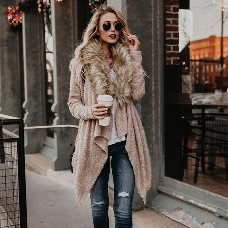 Весна и осень большой меховой воротник кардиган с плюшевой подкладкой