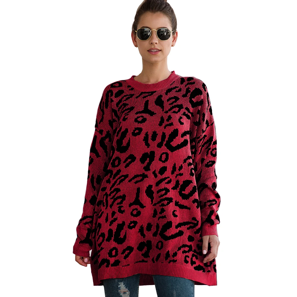 

Women Leopard Knitted Long Style Sweater Coat For Female Women 2019 Autumn New Casual Outwear Pullover Streetwear Jumper Tops