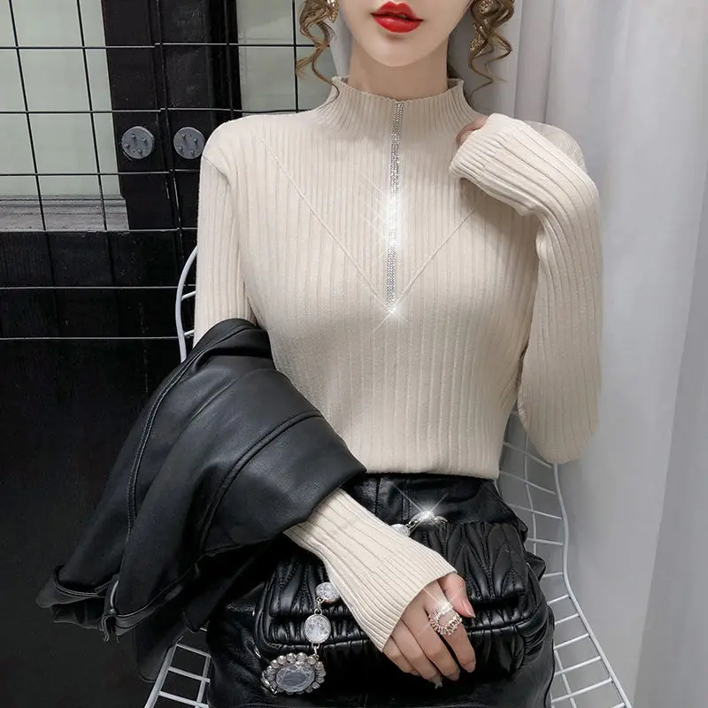 

2021 spring and autumn new Korean style slim bottoming shirt long-sleeved all-match sweater women's half high neck top