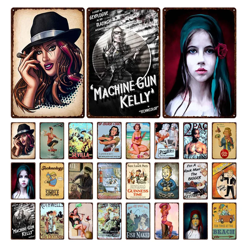 

Sexy Girl Vintage Metal Sign Retro Maching Gun Kelly Tin Poster Plate Tin Sign Plaque for Man Cave Bar Club Wall Decor