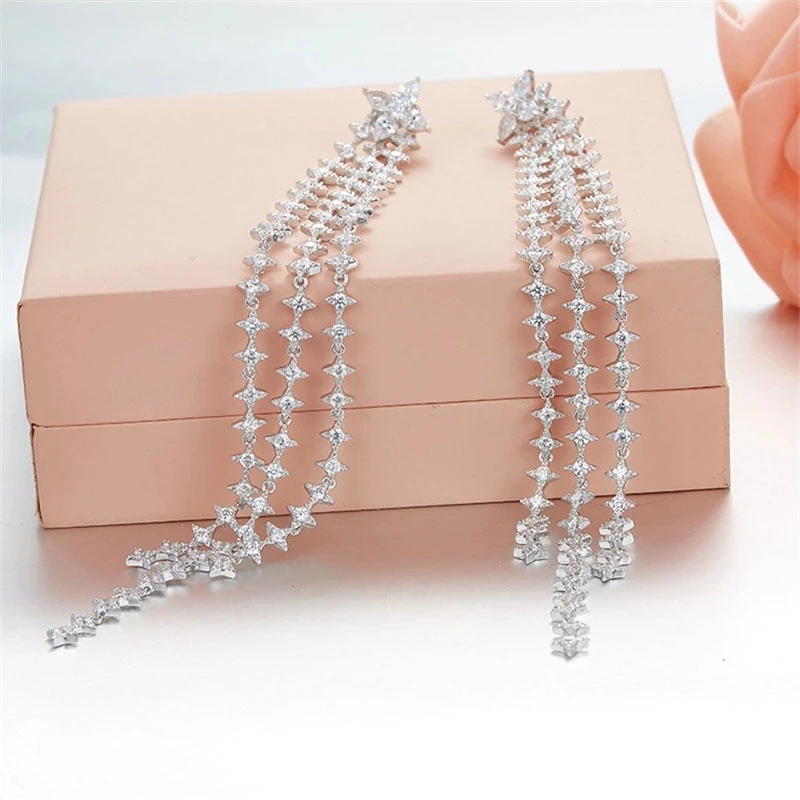 

SOELLE Fine Designer 925 Sterling Silver Cubic Zirconia Star Tassel Long Earrings Women Fashion Wedding Party Brand Jewelry