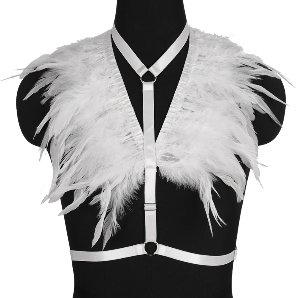 Женский бюстгальтер портупея с натуральными перьями в готическом