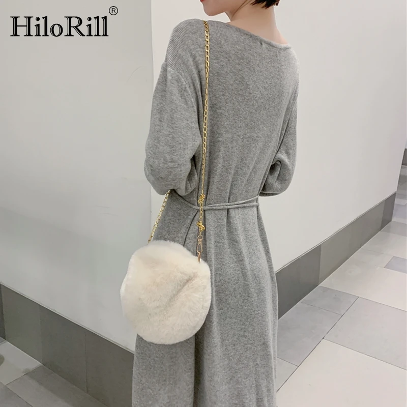

HiloRill Casual O Neck Knitted Midi Dress Women Long Sleeve Button Up Sweater Dresses Autumn Solid Color Chic Dress With Belt