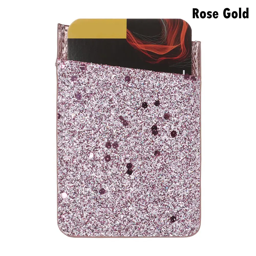 black 1PC PU Leather Sequins Cell phone Pocket Credit Card Holder For Phone Card Holder Sticker Adhesive Pouch Wallet Case - Цвет: black