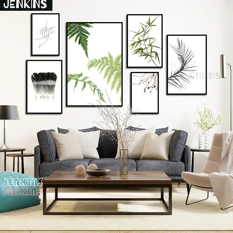 

JENKINS Nordic Style Wall Art Green Plants Canvas Paintings Leaf Feather Bamboo Leaf Poster Decor Pictures For Living Room