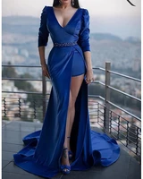 sexy royal blue mermaid beads engagement formal evening dress v neck half sleeve court train prom party gowns abendkleider 2021