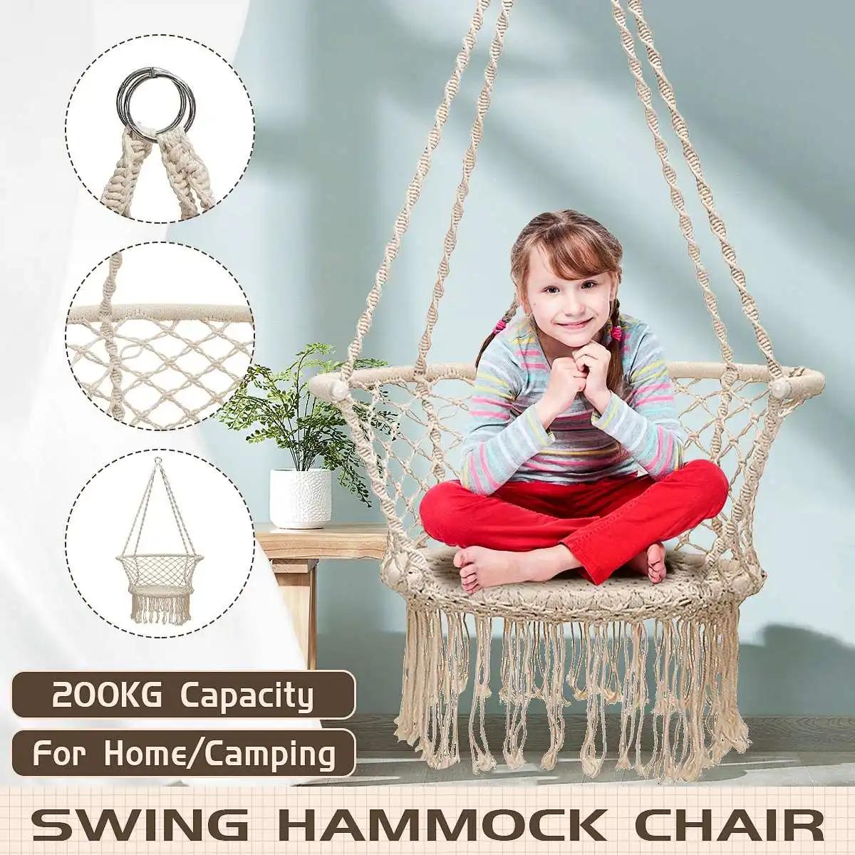 

440lbs Cotton Rope Hammock Relax Macrame Swing Hanging Chair Outdoor Indoor Furniture for Garden Dormitory Camping Child Adult