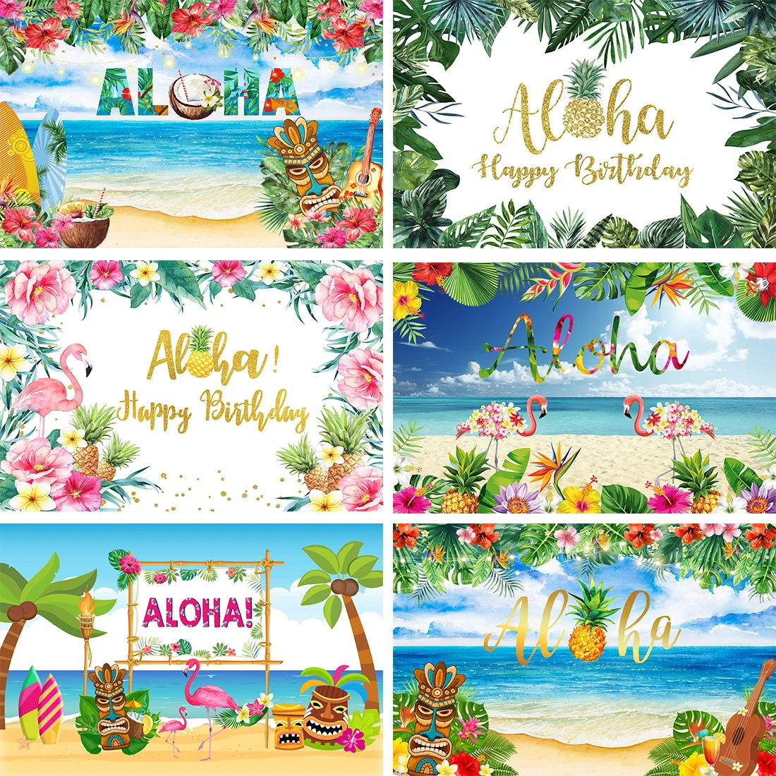 

Summer Birthday Party Aloha Background Decoration Beach Flamingo Hawaii Party Sea Surf Tropical Photography Backdrop Photostudio