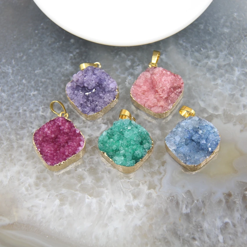 

1pcs Rhombus Natural Stones Druzy Geode Agates Pendant Jewelry Quartz Nugget For DIY Jewelry Earring Necklace Making Accessories