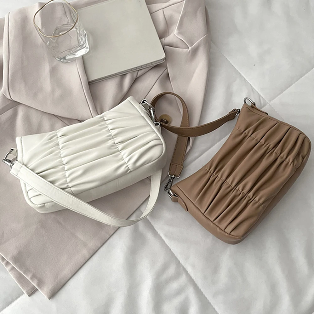 

Luxury Hand Bag Female Design Travel Retro Women Solid Color PU Leather Small Pleated Shoulder Underarm Bag Handbags