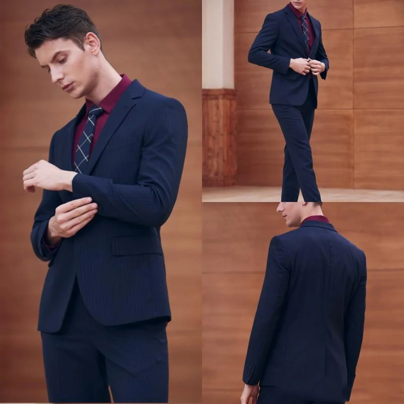 

2020, темно-синий костюм в полоску, мужские смокинги для жениха, свадебные костюмы для жениха, делового человека, комплект из 2 предметов, пиджа...