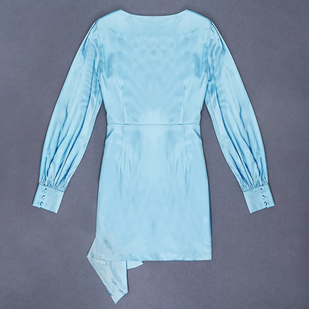 

2019 New Autumn Dress Long Sleeve Celebration Birthday Gifts Dresses Elegant Sexy Lady above Knee Women Fashion Dress Light Blue