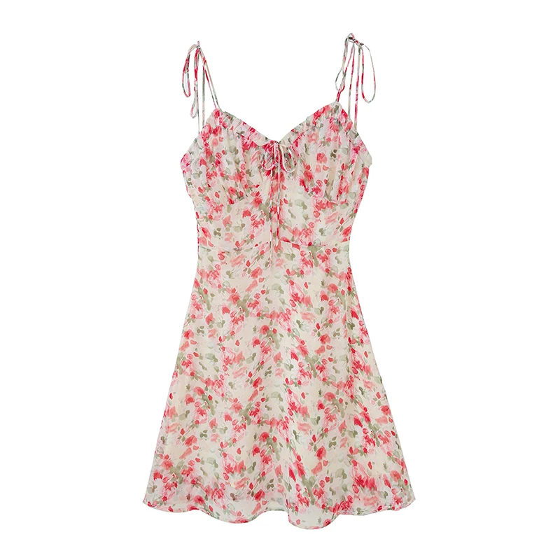 

French Sexy V-Neck Prints Chiffon Sling Mini Dress Women Holiday Wear Backless Sleeveless Slim Chic Dresses Female 2020 Summer