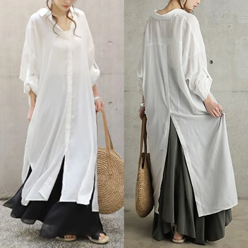 

Элегантная однотонная женская рубашка, модель 2021 года, повседневные длинные топы ZANZEA на пуговицах, Женская туника с лацканами и асимметричн...