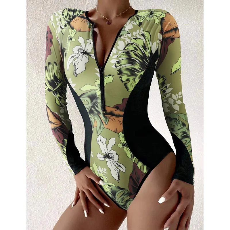 

Micendy 2022 Long Sleeve Swimsuit Women UV Sun Protection Swimwear Beach Print Surfing Suits One Piece Bathing Suits Diving Wear