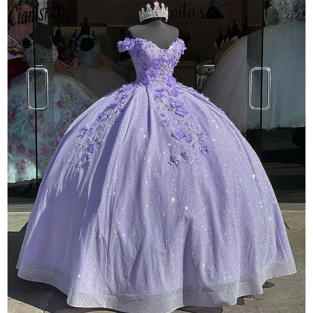 

Bling Sequin Sweet 16 Quinceanera Dresses with 3D Applique Beads Corset Dress Vestidos De 15 Anos Masquerade xv Dress Lavender