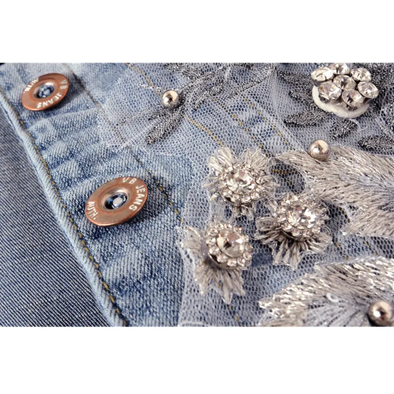 Летний новый модный короткий джинсовый жилет с аппликацией бриллиантов женский