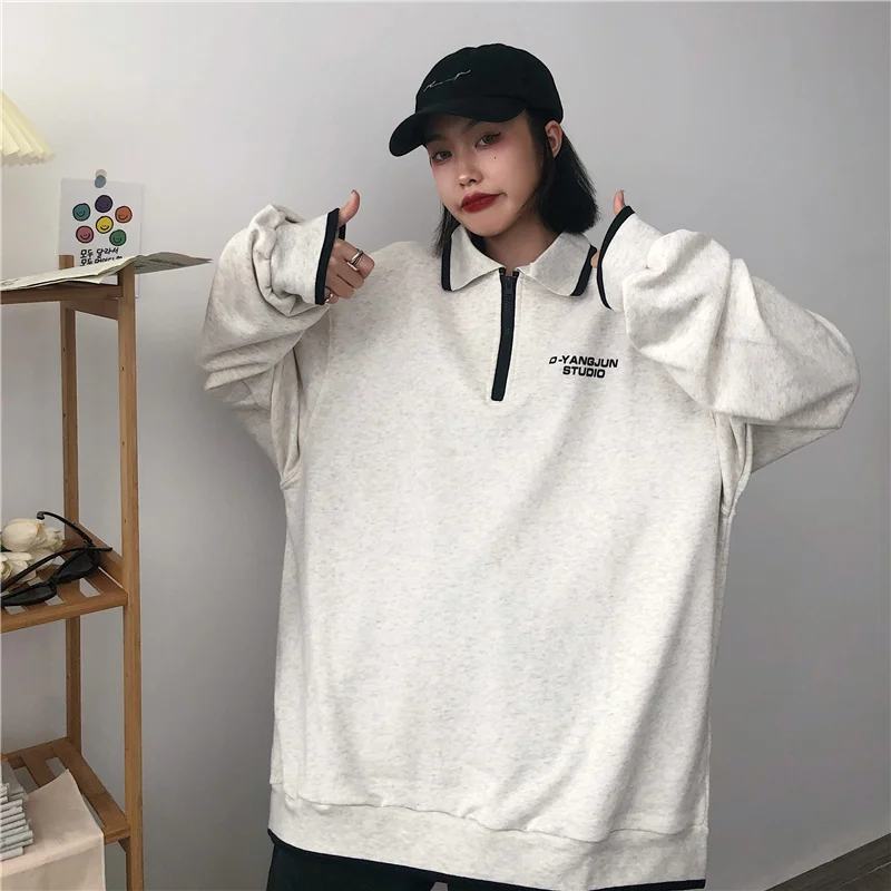 Толстовка с длинным рукавом и воротником-поло в стиле оверсайз | Женская одежда