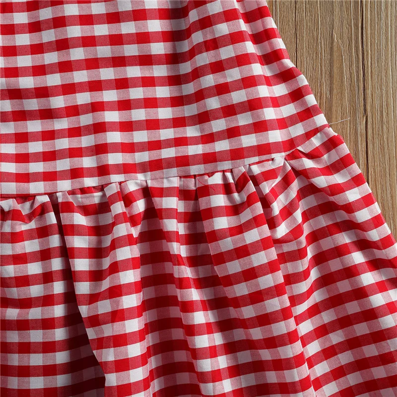 

2Pcs Casual Clothes Suit Kid Girl Bandage Sleeve Sleeveless Lace Shirt Sling Crop Top and Red Plaid Print Long Skirt 2-7Y