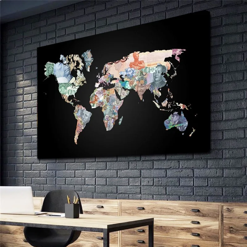 

Abstract World Map Wall Art Picture Canvas Painting Money Map Posters and Prints for Living Room Cuadros Office Study Home Decor