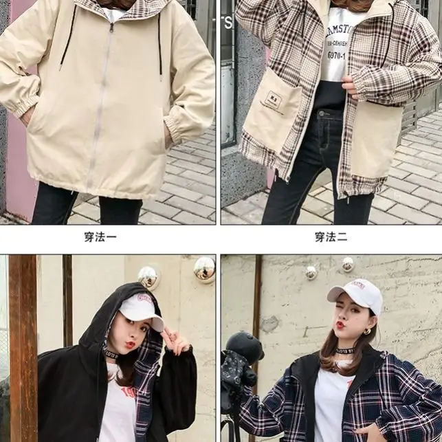

Double faced Harajuku style hooded jacket Plaid top fashion coat female 2021 spring Korean loose fit female student BF