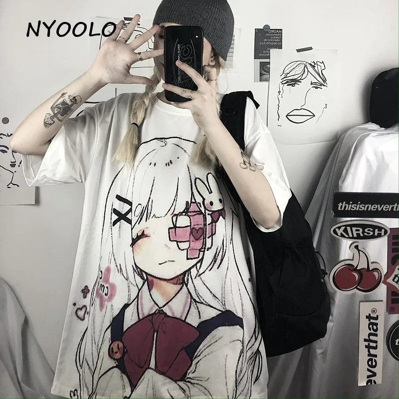 

NYOOLO Harajuku Vintage cartoon funeral girl print short sleeve t-shirt women clothing Summer loose O-neck white tee shirt tops
