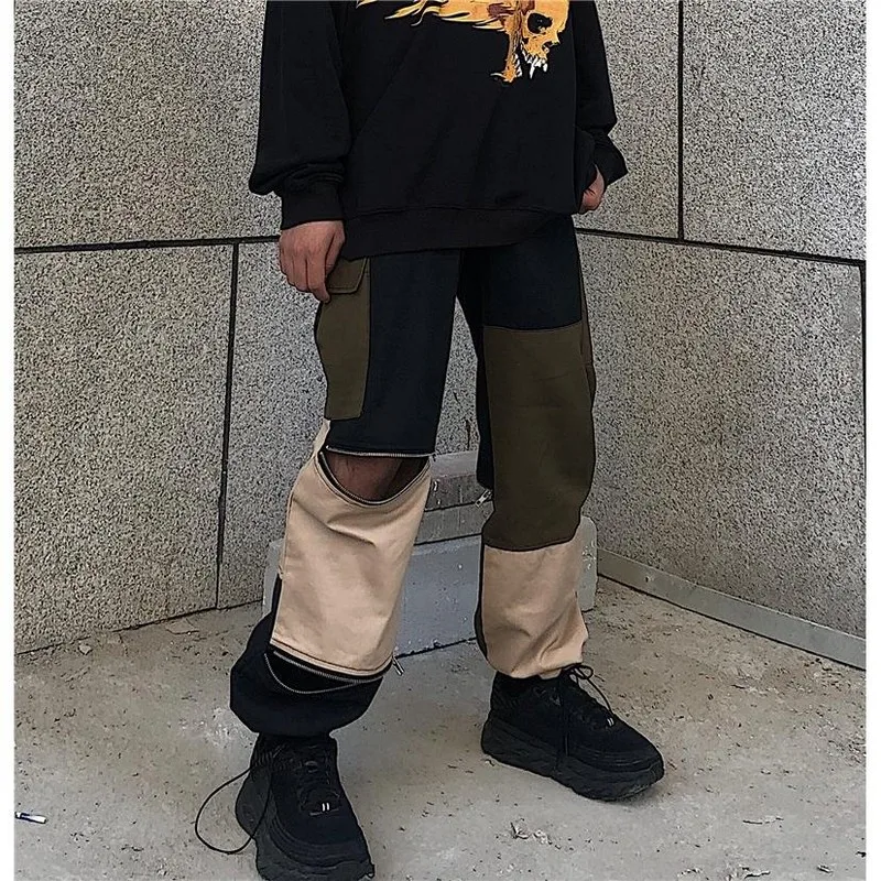 

Korean trendy Loose Cargo Pants retro dark black high street stitching zipper overalls Pants Middle High Waist Wide Leg Pants