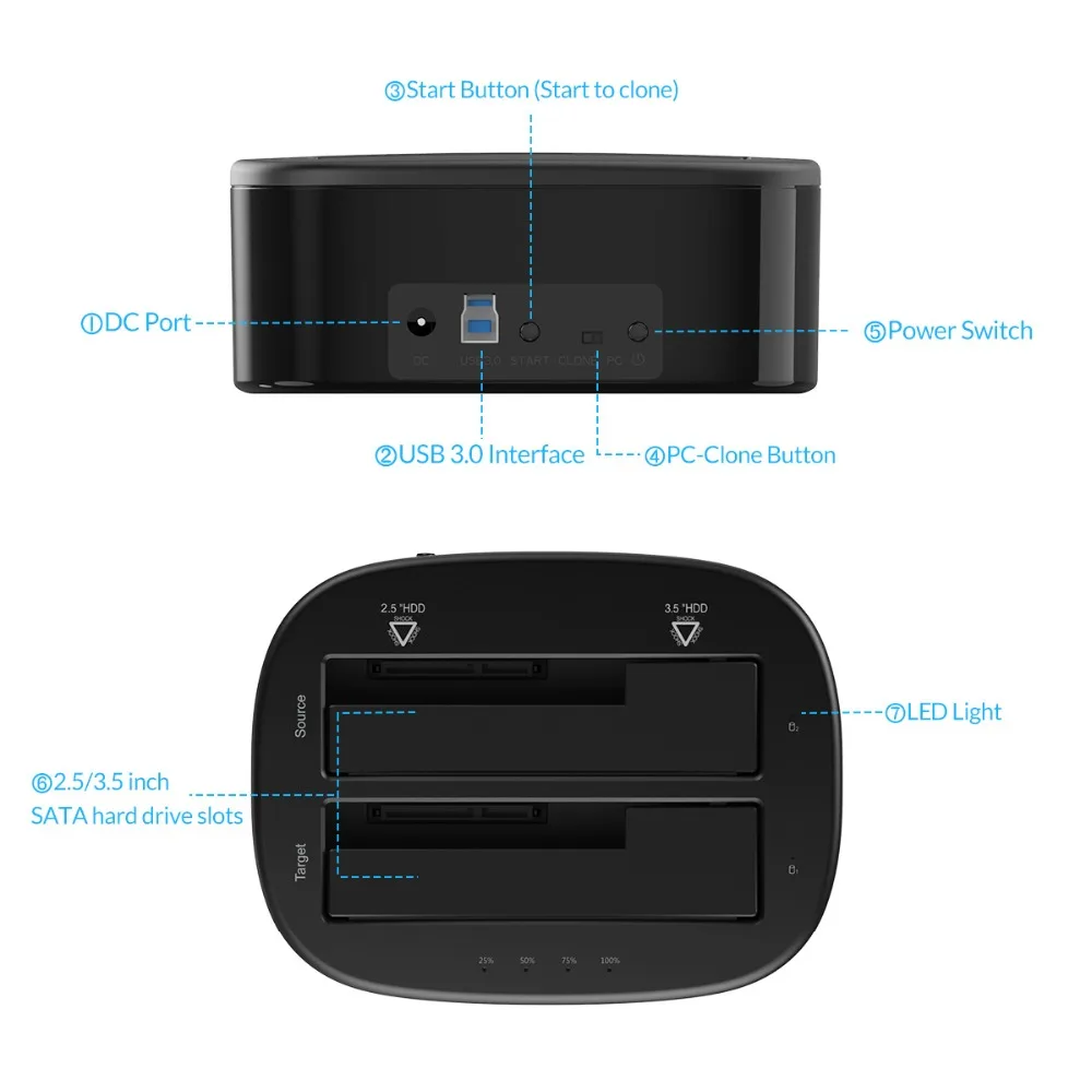 Док-станция ORICO Clone 2,5 3,5 Dual Bay SATA для USB 3,0 HDD корпус инструмент Бесплатный Дубликатор HDD чехол 24 ТБ для Windows Mac OS