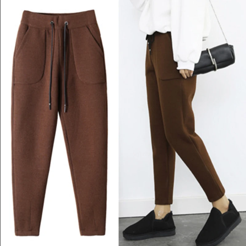 caramel colour Осенние повседневные спортивные штаны для женщин плюс бархатные теплые спортивные штаны одноцветные черные брюки на завязках с эластичной резинкой на талии - Цвет: caramel colour