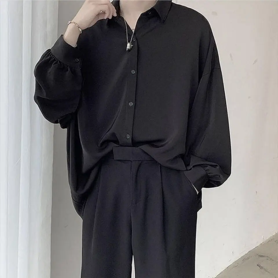 

Черные рубашки FAKUNTN с длинным рукавом, мужские корейские удобные блузки, Повседневная Свободная однобортная рубашка с галстуком