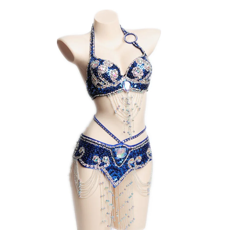 

FAKUNTN Stage & Dance Customize Women Wear Oriental Dance Sequined Beaded Bra and Belt Bellydance Suit 2pcs Costumes for Belly