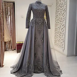 Same as pic Реальное изображение серые длинные вечерние платья шикарный украшенный бусами кружева высокой шеи длинный рукав в арабском стиле женские вечерние платья - Цвет: Same as pic